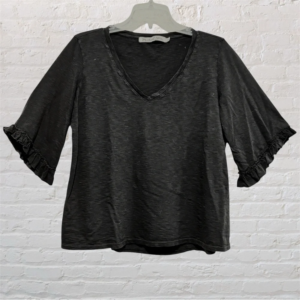 Anthropologie Michael Stars V Neck Supima Flutter Sleeve Black T-Shirt